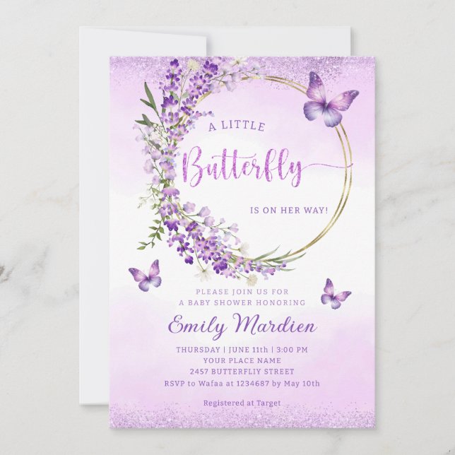 Invitation Boho mou violet papillon floral Baby shower fille (Devant)