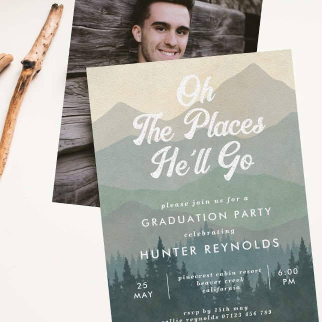 Invitation Boho Mountains Oh the Places He'll Go Graduation (Créateur téléchargé)
