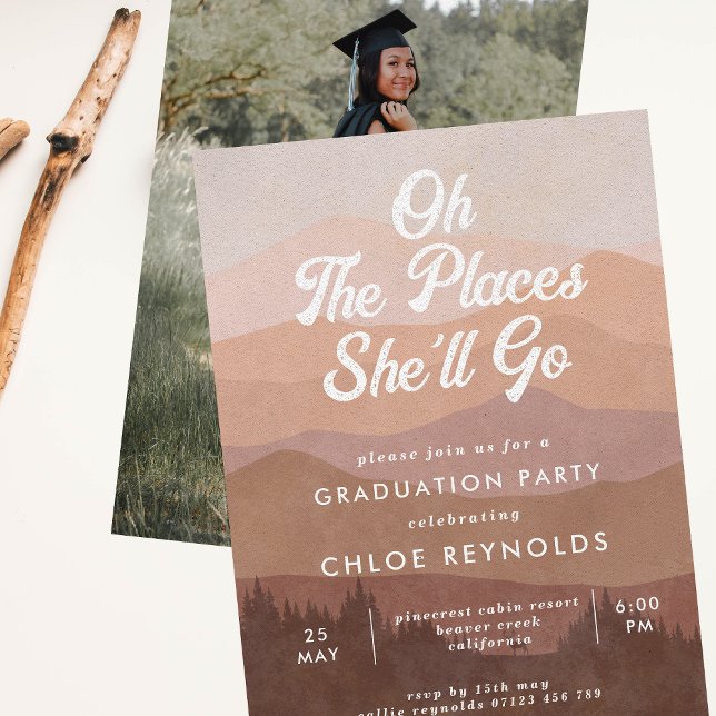 Invitation Boho Mountains Oh the Places She'll Go Graduation (Créateur téléchargé)