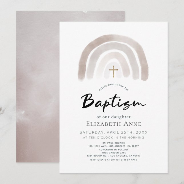 Invitation Boho Muted Rainbow Watercolor Baptême (Devant / Derrière)