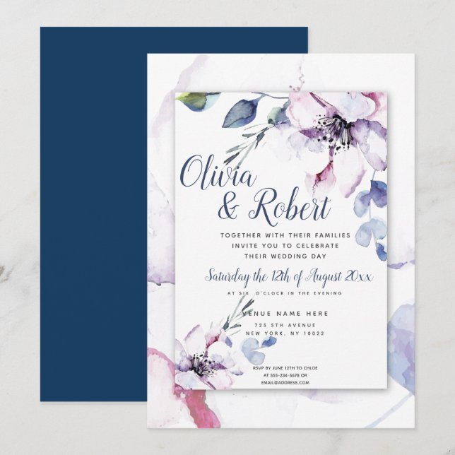 Invitation Boho Navy Bleu et Aquarelle Pommes fleurs (Devant / Derrière)