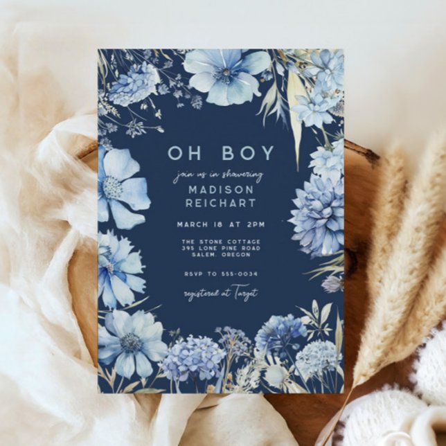 Invitation Boho Navy Blue Fleur sauvage Floral Boy Baby showe (Créateur téléchargé)