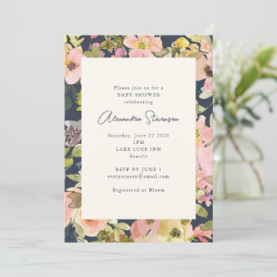 Invitation Boho Navy Blush Aquarelle Baby shower Floral
