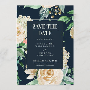 Invitation Boho Navy & Ivory Roses Élégant Enregistrer la dat