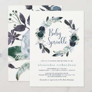 Invitation Boho Navy Peony Floral Wreath Baby Sprinky