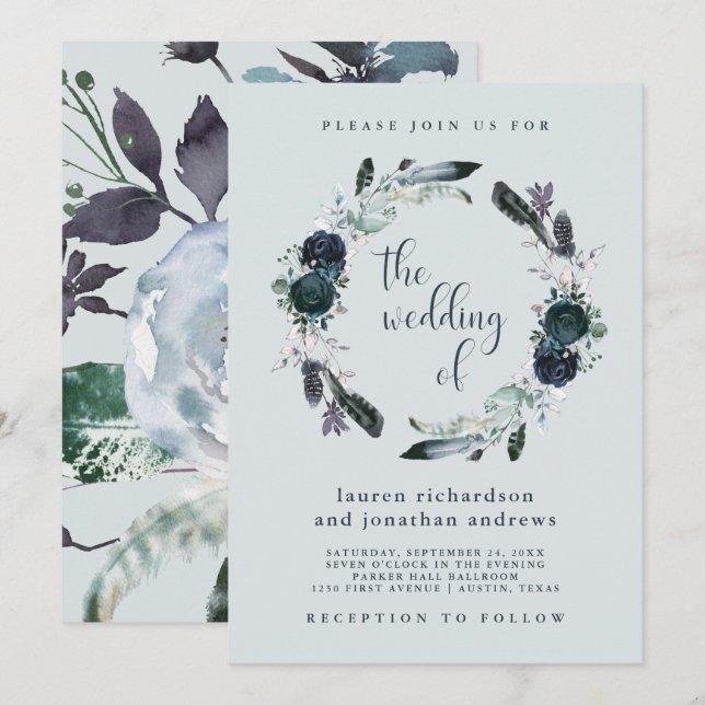 Invitation Boho Navy Peony Floral Wreath sur Grey | Mariage (Devant / Derrière)