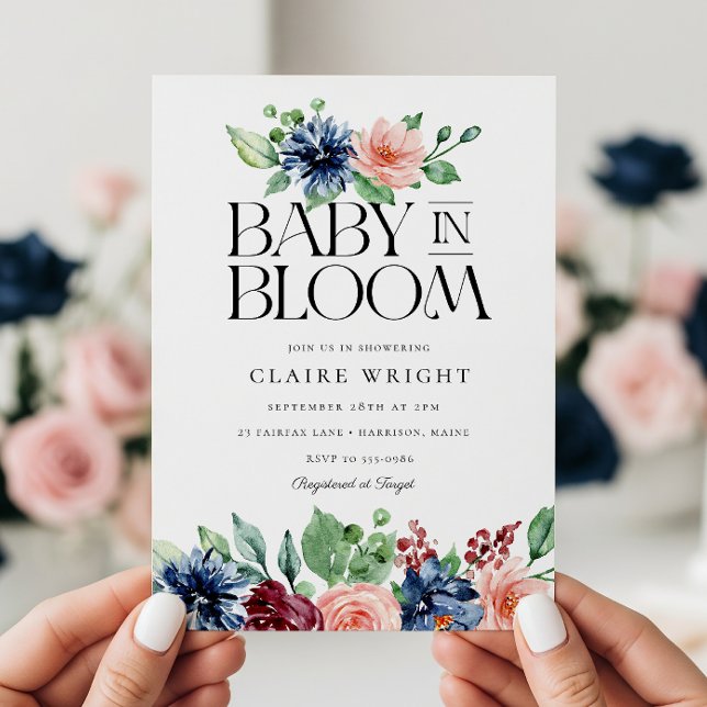 Invitation Boho Navy Pink Floral Baby in Bloom Baby Shower (Créateur téléchargé)