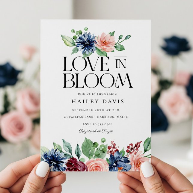 Invitation Boho Navy Pink Floral Love in Bloom Bridal Shower (Créateur téléchargé)