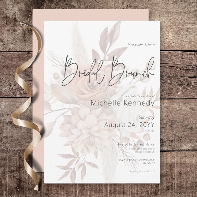 Invitation Boho Neutral Bouquet floral doux Brunch nuptial (Boho Neutral Soft Floral Bouquet Bridal Brunch Invitation)