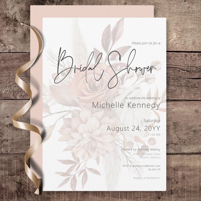 Invitation Boho Neutral Soft Floral Bouquet Fête des mariées (Boho Neutral Soft Floral Bouquet Bridal Shower Invitation)