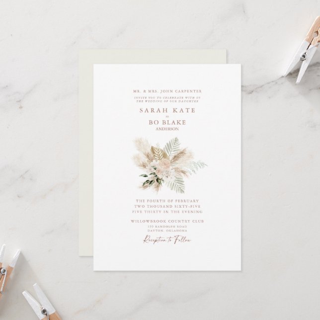 Invitation Boho Neutre Floral Élégant Mariage (Devant/Arrière en situation)