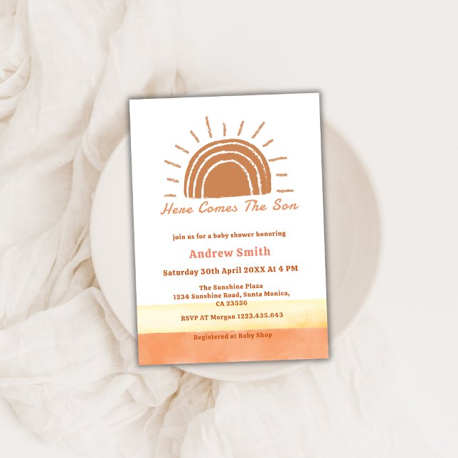 Invitation Boho Neutre Ici Vient Le Baby shower Fils (Neutral Boho Here Comes The Son Baby Shower Invitation)