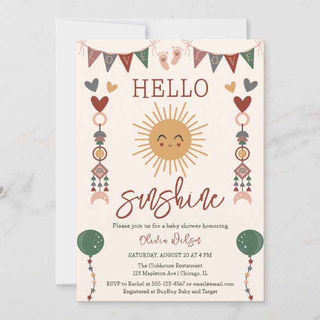 Invitation Boho neutre par genre Bonjour Baby shower Sunshine (Devant)
