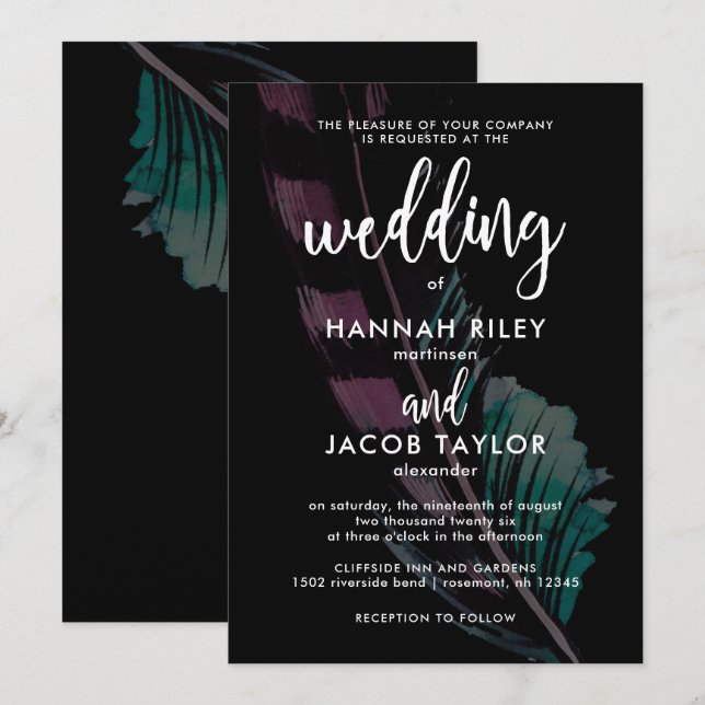 Invitation Boho Nights Noir avec Mariage de plumes (Devant / Derrière)
