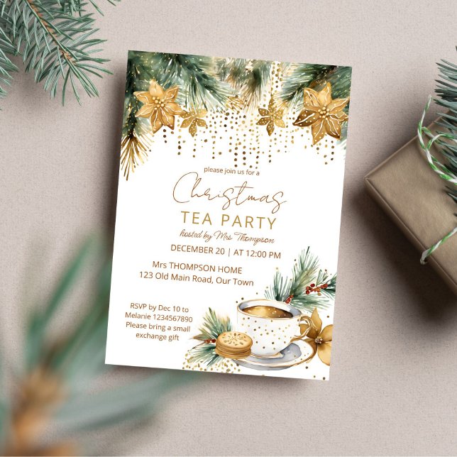 Invitation Boho Noël brunch de Noël modèle de fête du thé (Boho Christmas Christmas brunch tea party template invitation digital download gold poinsettia cup)