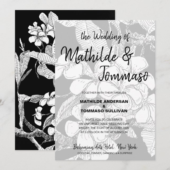 Invitation Boho noir blanc dessin Mariage floral (Devant / Derrière)