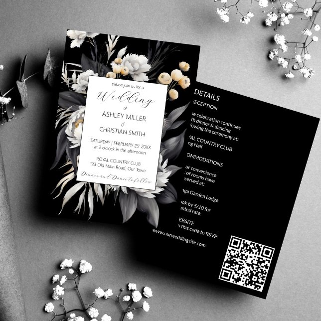 Invitation Boho noir et blanc élégant tout en un mariage (Black and white elegant boho flowers all in one wedding editable template invitation digital downloa)