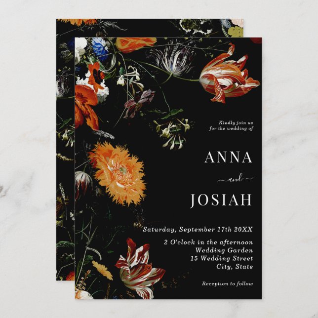 Invitation Boho noir Mariage chic Floral (Devant / Derrière)