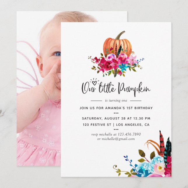 Invitation Boho Notre petit Citrouille N'importe quel âge fêt (Devant / Derrière)