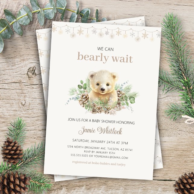 Invitation Boho Nous pouvons attendre le Baby shower d'hiver (Elegant cream and beige gender neutral we can bearly wait christmas winter baby shower invitation)