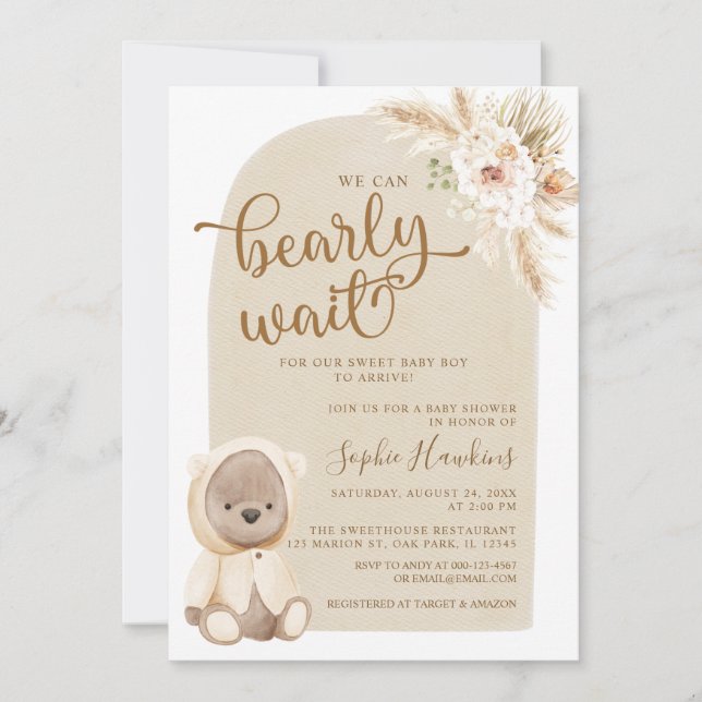 Invitation Boho Nous Pouvons Attendre Teddy Bear Baby shower (Devant)