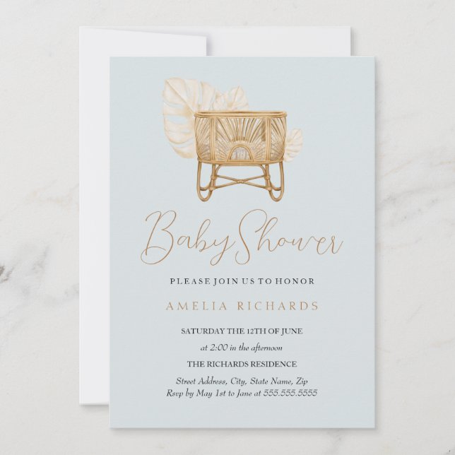 Invitation Boho Nursery Bassinet Baby shower bleu (Devant)