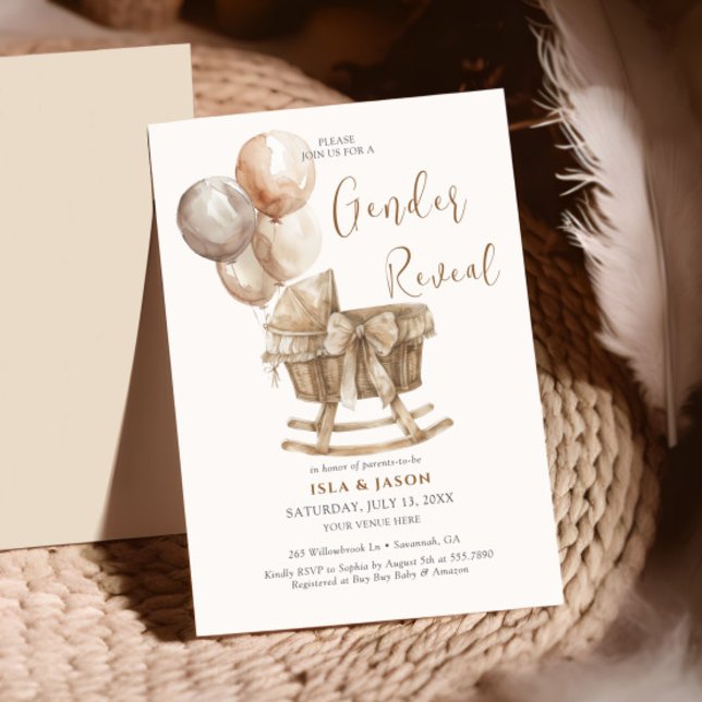 Invitation Boho Nursery Beige Balloons Révélation de genre (Créateur téléchargé)