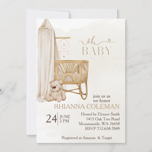 Invitation Boho Nursery Teddy Bear baby shower (Devant)