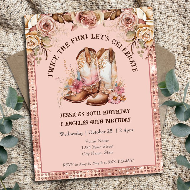 Invitation Boho Occidental Rose Floral Cowgirl Double Anniver (Créateur téléchargé)