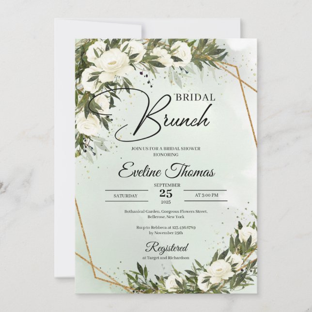 Invitation Boho Olivier feuillage blanc roses or brunch nupti (Devant)