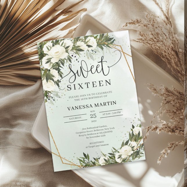 Invitation Boho Olivier feuillage blanc roses Sweet sixteen (Boho Olive foliage white roses Sweet sixteen Invitation)
