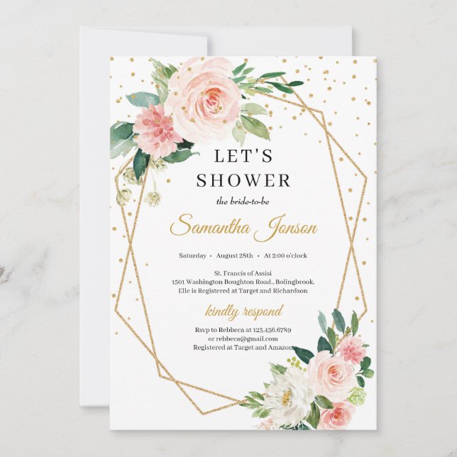 Invitation Boho or géométrique brillant rose floral brique (Devant)