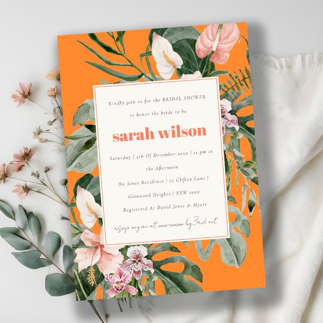 Invitation Boho Orange Blush Tropical Floral Fête des mariées (Créateur téléchargé)