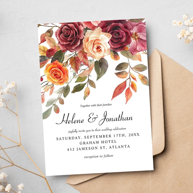 Invitation Boho Orange Bourgogne Elégant Mariage (Burgundy Orange Watercolor Boho Elegant Wedding Invitation)