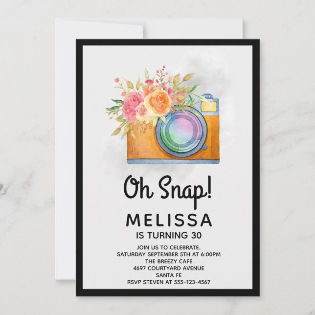 Invitation Boho Orange Camera & Fleurs Aquarelle Anniversaire (Devant)