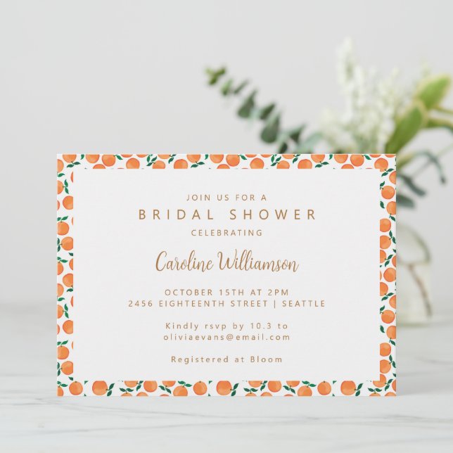Invitation Boho Orange Citrus Fruit Fête des mariées mignonne (Debout devant)