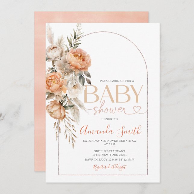 Invitation Boho Orange Fleurs Fille Baby shower Pampas Grass (Devant / Derrière)