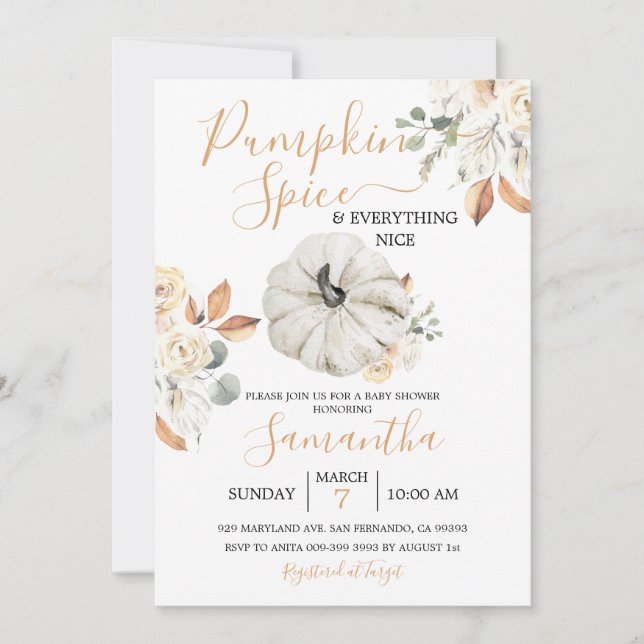 Invitation Boho Orange Floral Citrouille Baby shower d'automn (Devant)