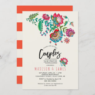 Invitation Boho Orange rayures Folk Flowers   Douche Couples