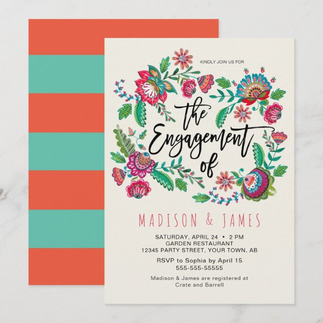 Invitation Boho Orange & Turquoise rayure Fiançailles floral (Devant / Derrière)