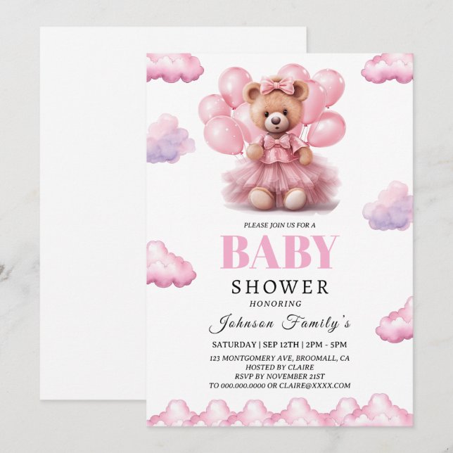 Invitation Boho ours bébé fille rose Baby-shower (Devant / Derrière)