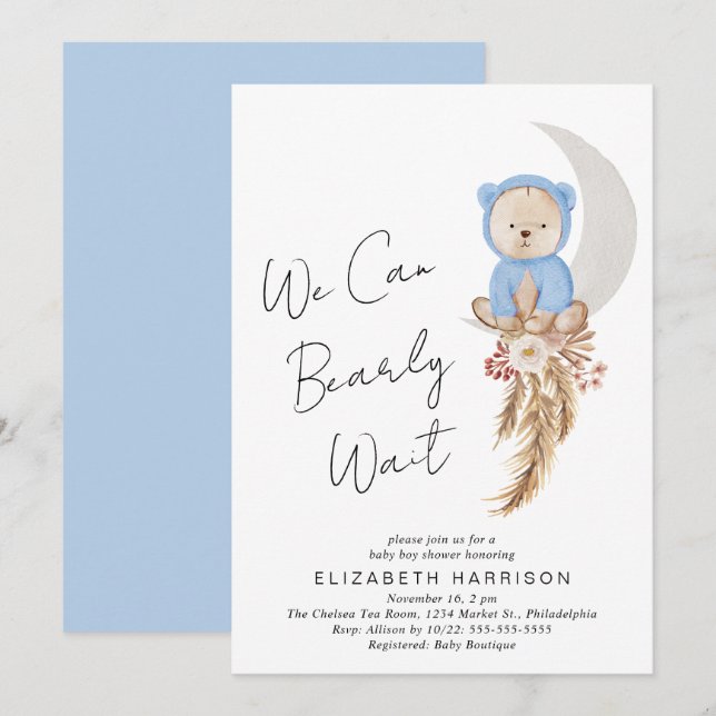 Invitation Boho Ours Nous Pouvons Attendre Baby Boy Douche (Devant / Derrière)