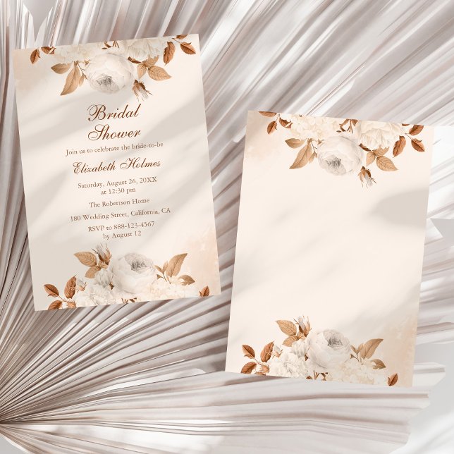 Invitation Boho Pale Peach Terracotta Fête des mariées Floral (Boho Pale Peach Terracotta Floral Bridal Shower Invitation on a sunny white dry palm leaf.)