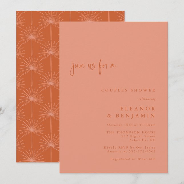 Invitation Boho Palm Botanical Blush Terracotta Couple Douche (Devant / Derrière)