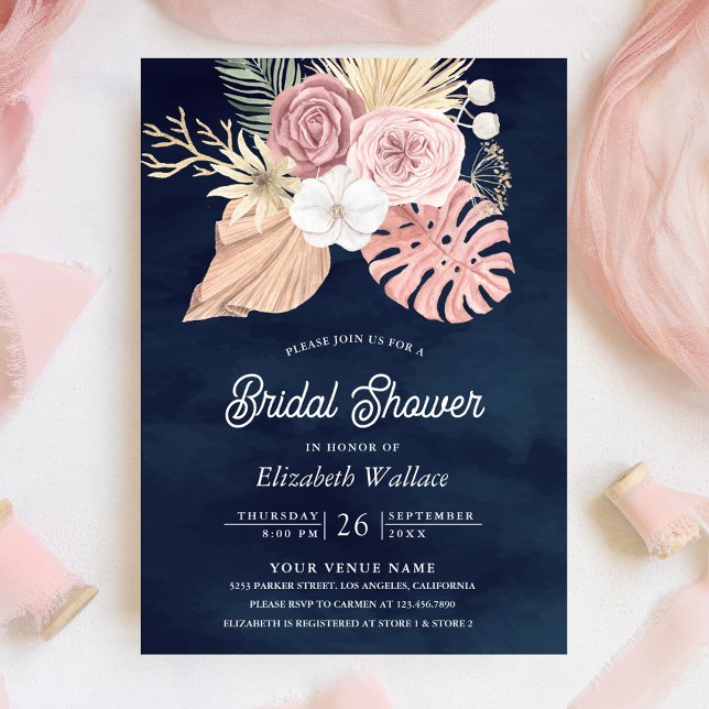 Invitation Boho Palm Dusty Rose Roses Marine Fête des mariées (Créateur téléchargé)