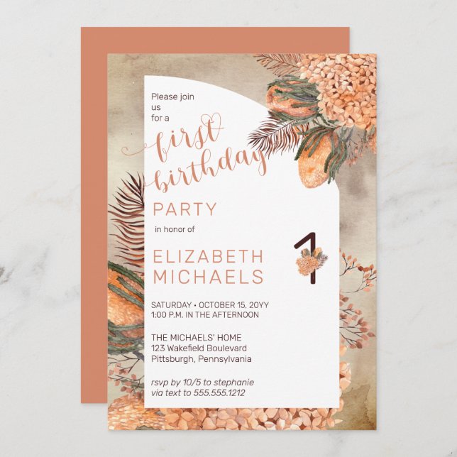 Invitation Boho Palm Feuilles | Hydrangeas 1er anniversaire (Devant / Derrière)