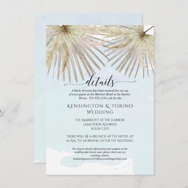 Invitation Boho Palm Jungle Foliage Blue Seaside Détails (Devant / Derrière)