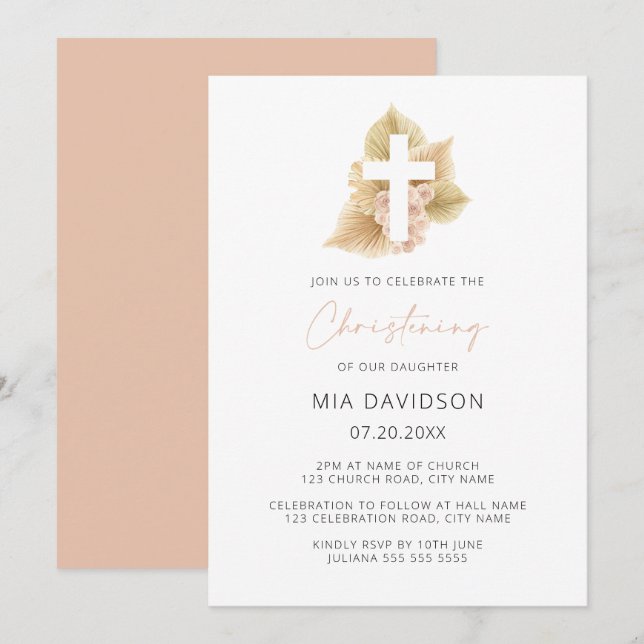 Invitation Boho Palm Rose Blush Rose Floral Cross Christening (Devant / Derrière)