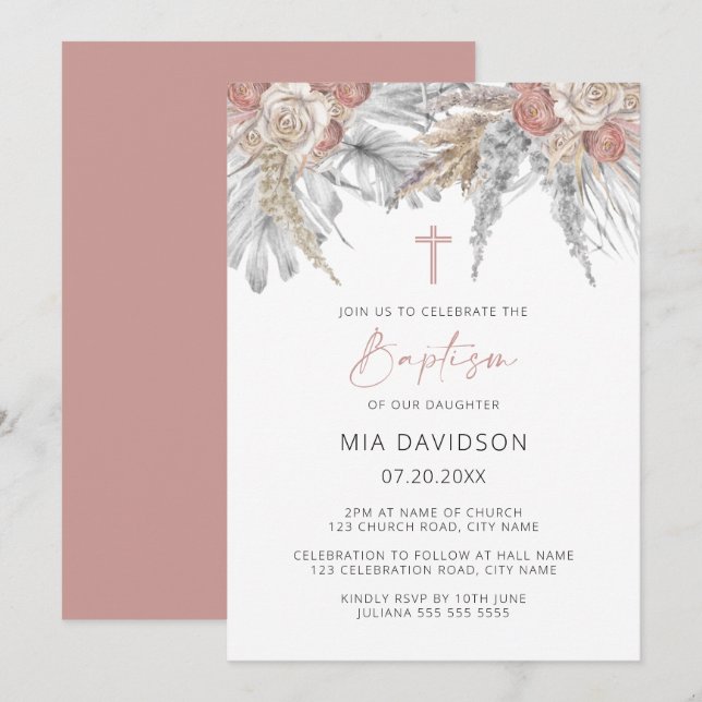Invitation Boho Palm rose Pampas Grass Floral Baptême (Devant / Derrière)
