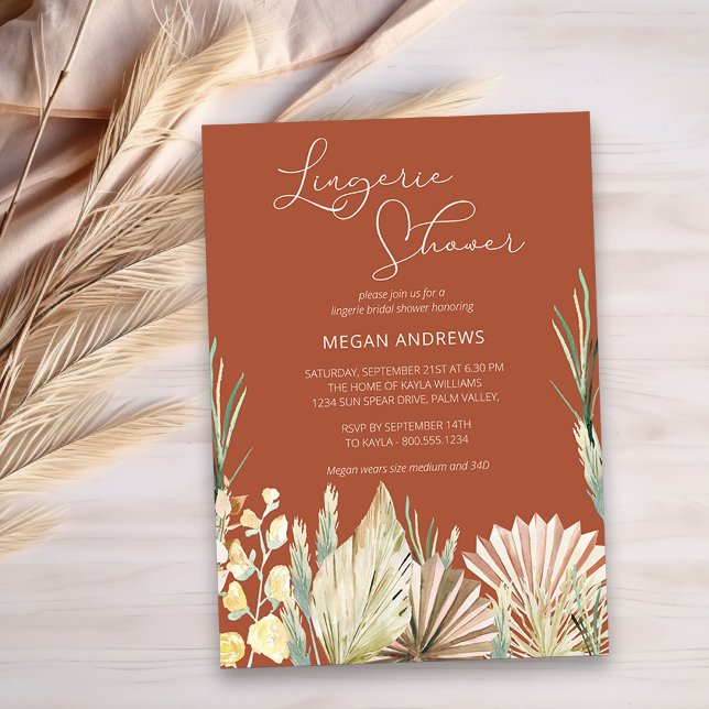 Invitation Boho Palm Séché Foliage Terracotta Lingerie Douche (Lingerie Bridal Shower Invitation in burnt orange with boho dried foliage and flowers)